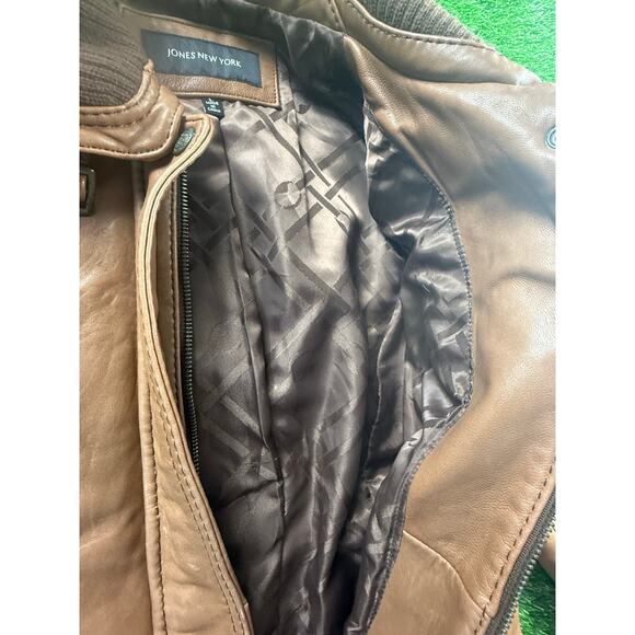 Jones New York Genuine Leather Jacket Women L Camel Tan Zip Moto Bomber Coat - Picture 4 of 10